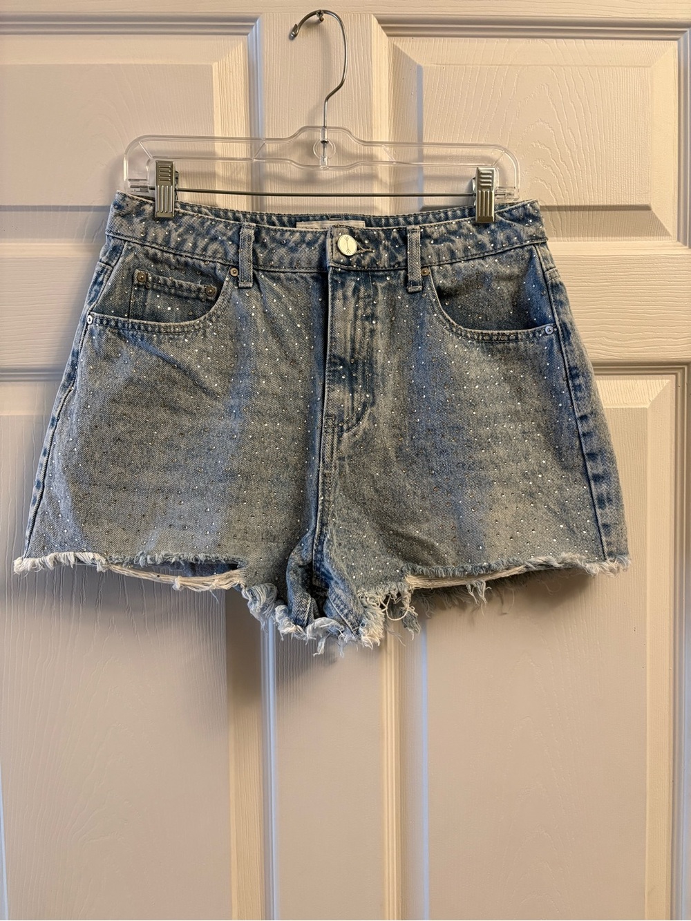 Silver Rhinestone Distressed Denim Shorts Size 11